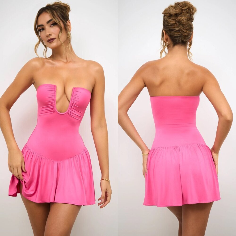 NWT Oh Polly Pink Zosia Slinky Jersey Strapless Plunge Neck Mini Dress